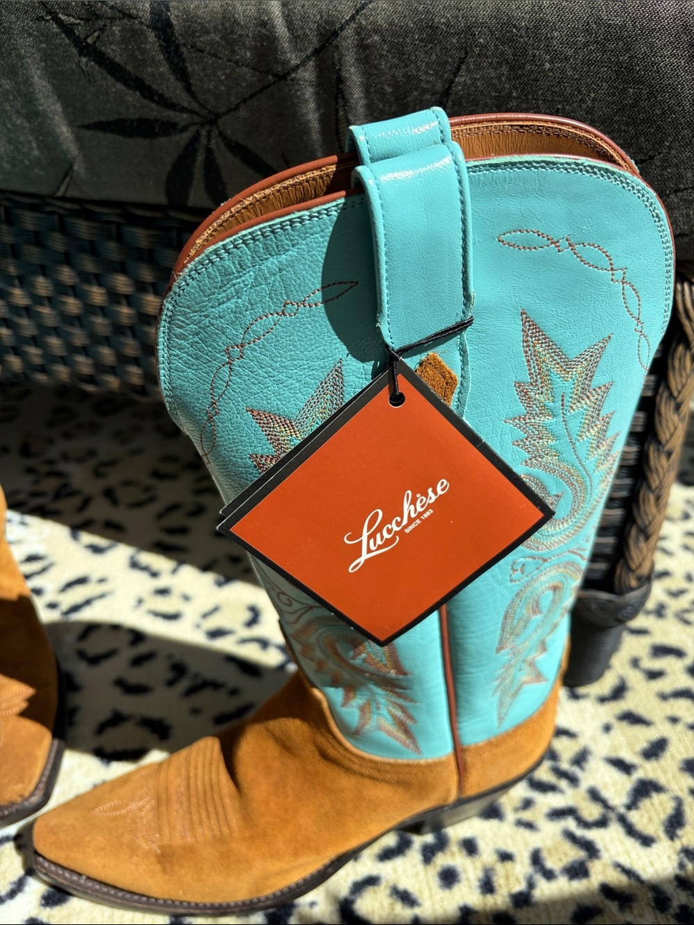 Lucchese Women's Turquoise and Brown Lace-Up Western Boots . - Picture 2 of 6